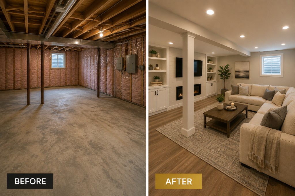 Before and after — unfinished basement finished as a premium living room with fireplace and built-ins