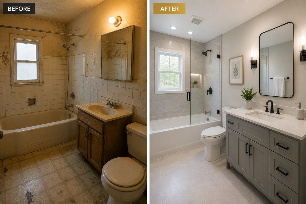 Before and after — dated bathroom transformed into a bright modern bath with grey vanity and glass shower