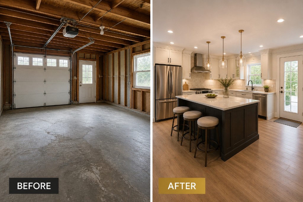 Before and after — garage converted into a luxury modern kitchen with gold pendant lighting