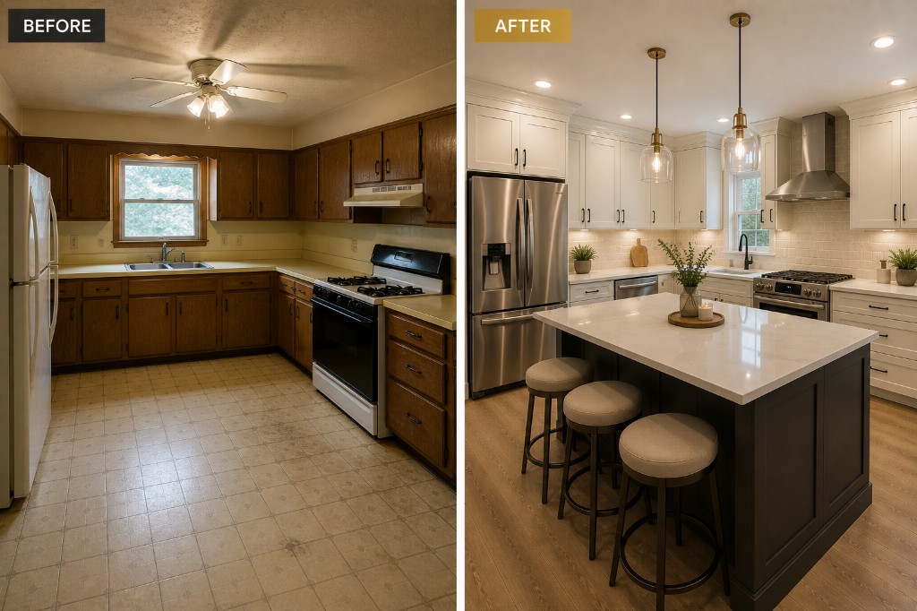 Before and after — dated kitchen remodeled into a bright space with white shaker cabinets, island, and brass lighting